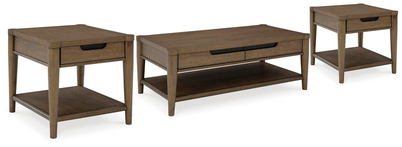 Ashley Furniture Roanhowe Occasional Table Set featuring two modern wooden tables with metal accents and a sleek design.