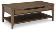 Ashley Furniture Roanhowe Occasional Table Set with two modern tables featuring sleek wood finishes and sturdy legs.