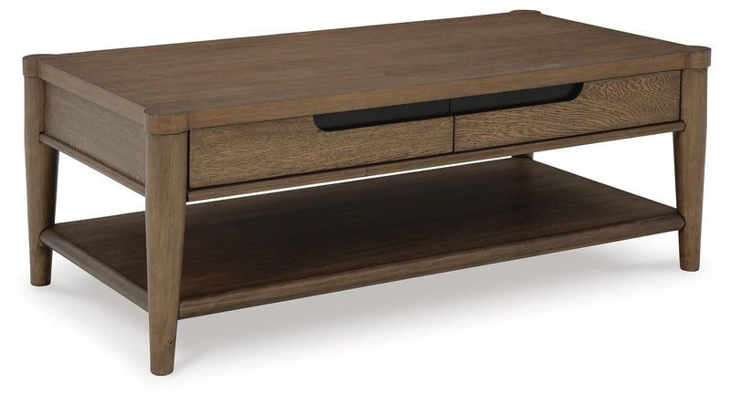 Ashley Furniture Roanhowe Occasional Table Set with two modern tables featuring sleek wood finishes and sturdy legs.