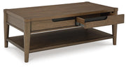 Ashley Furniture Roanhowe occasional table set with two open-frame tables featuring wooden tops and angled legs.