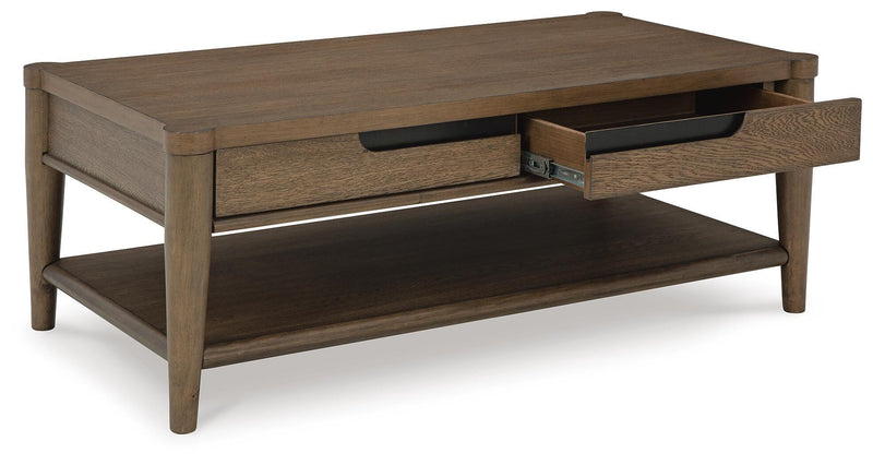 Ashley Furniture Roanhowe occasional table set with two open-frame tables featuring wooden tops and angled legs.
