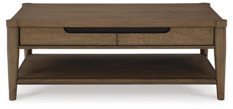 Ashley Furniture Roanhowe Occasional Table Set with two modern tables featuring wood finish and sleek design.