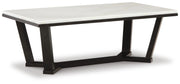 Ashley Furniture Fostead cocktail coffee table with a sleek wooden tabletop and modern design, shown from an angled view.