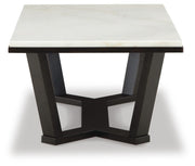 Ashley Furniture Fostead coffee cocktail table with a sleek wood finish and modern design, shown from a side angle.
