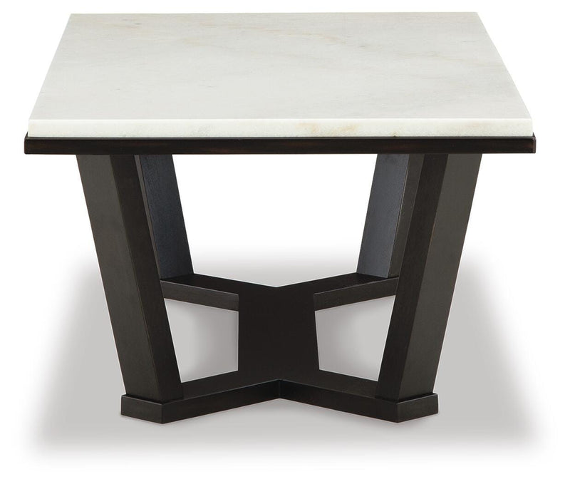 Ashley Furniture Fostead coffee cocktail table with a sleek wood finish and modern design, shown from a side angle.