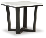 Ashley Furniture Fostead end table with a wooden top and tapered legs, shown from an angled side view.