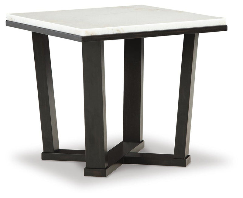 Ashley Furniture Fostead end table with a wooden top and tapered legs, shown from an angled side view.