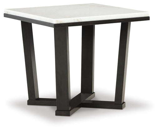 Ashley Furniture Fostead end table with a wooden top and tapered legs, shown from an angled side view.