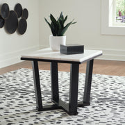 Ashley Furniture Fostead End Table with a wooden finish and simple design, featuring a single drawer and open shelf.