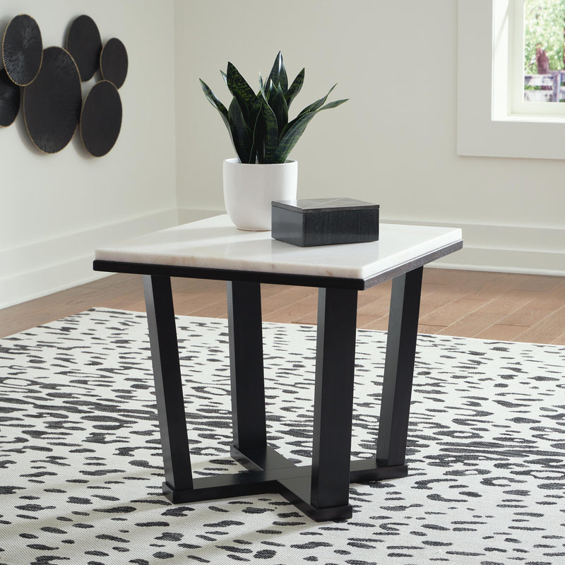 Ashley Furniture Fostead End Table with a wooden finish and simple design, featuring a single drawer and open shelf.