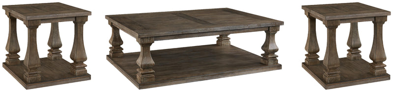 Ashley Furniture Johnelle Occasional Table Set with three wooden accent tables featuring a warm finish and modern design.