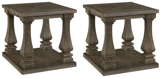 Ashley Furniture Johnelle end table set featuring two wooden tables with sleek modern design and warm finish.