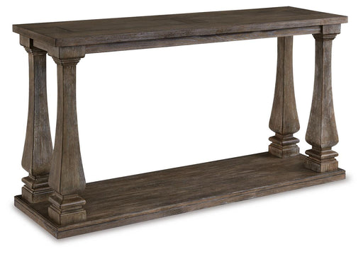 Ashley Furniture Johnelle sofa table with a sleek wood finish and modern design, featuring a spacious surface and sturdy legs.