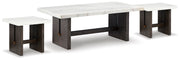 Ashley Furniture Burkhaus occasional table set with three matching tables featuring sleek wood finishes and modern design.