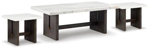 Ashley Furniture Burkhaus occasional table set with three matching tables featuring sleek wood finishes and modern design.