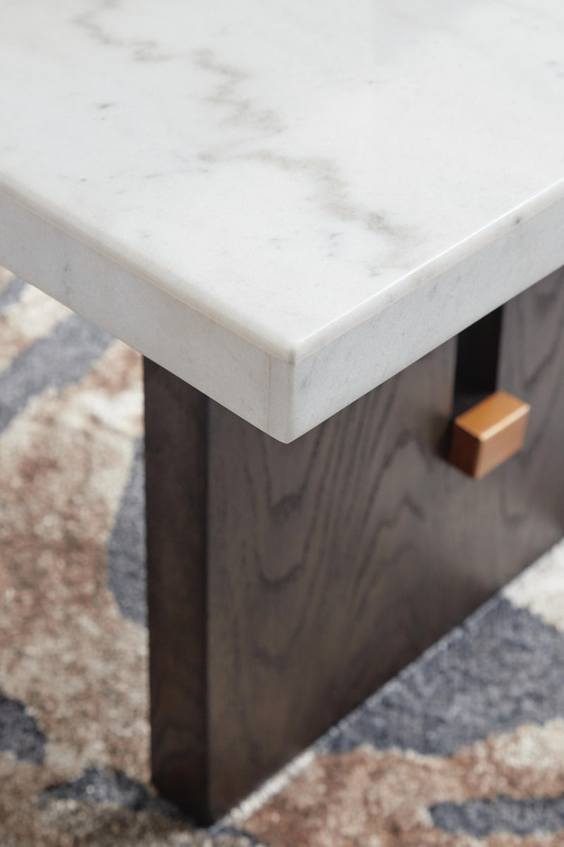 Ashley Furniture Burkhaus cocktail coffee table with a sleek wooden finish and modern design, shown from a detailed angle.