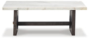 Ashley Furniture Burkhaus Occasional Table Set featuring two modern tables with sleek wood finishes and minimalist design.