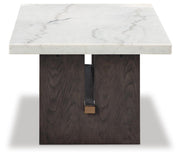 Ashley Furniture Burkhaus coffee cocktail table with a wooden finish and modern design, shown from a side angle.