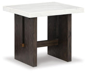 Ashley Furniture Burkhaus occasional table set, featuring three stylish tables with dark wood finish and modern design.