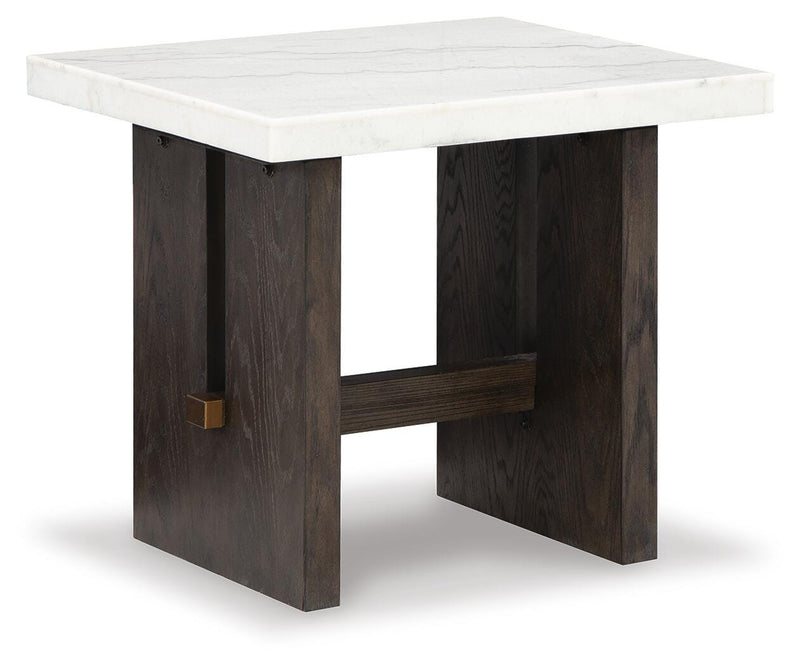 Ashley Furniture Burkhaus occasional table set, featuring three stylish tables with dark wood finish and modern design.