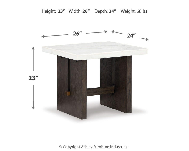 Ashley Furniture Burkhaus occasional table set with three matching tables featuring dark wood finish and sleek modern design.