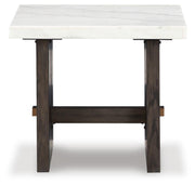 Ashley Furniture Burkhaus Occasional Table Set showing three modern wooden tables with sleek finishes and minimalist design.