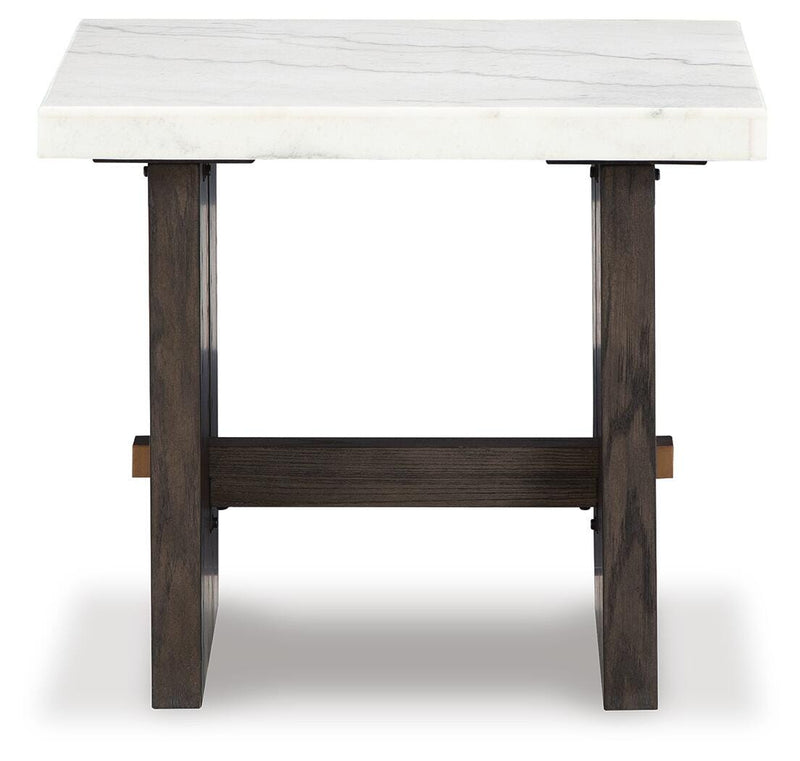 Ashley Furniture Burkhaus Occasional Table Set showing three modern wooden tables with sleek finishes and minimalist design.