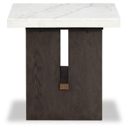Ashley Furniture Burkhaus occasional table set with three modern side tables featuring sleek wooden surfaces and black metal legs.
