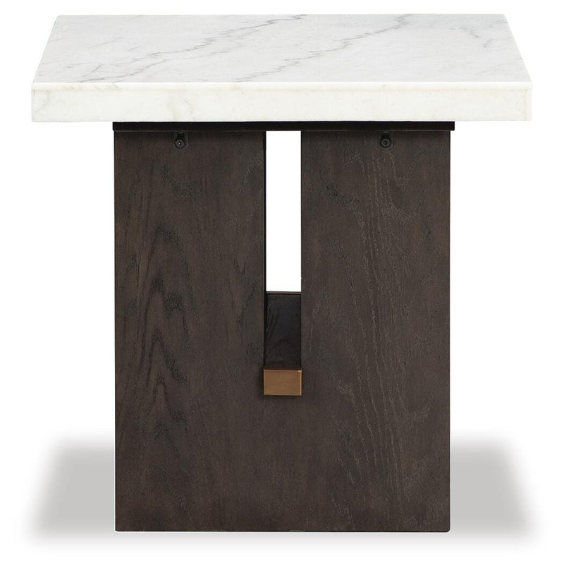 Ashley Furniture Burkhaus occasional table set with three modern side tables featuring sleek wooden surfaces and black metal legs.