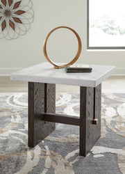 Ashley Furniture Burkhaus end table with a sleek wooden surface and sturdy legs, ideal for living room or bedroom decor.