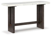 Ashley Furniture Burkhaus sofa table with sleek wooden surface and angled legs, ideal for living room decor.