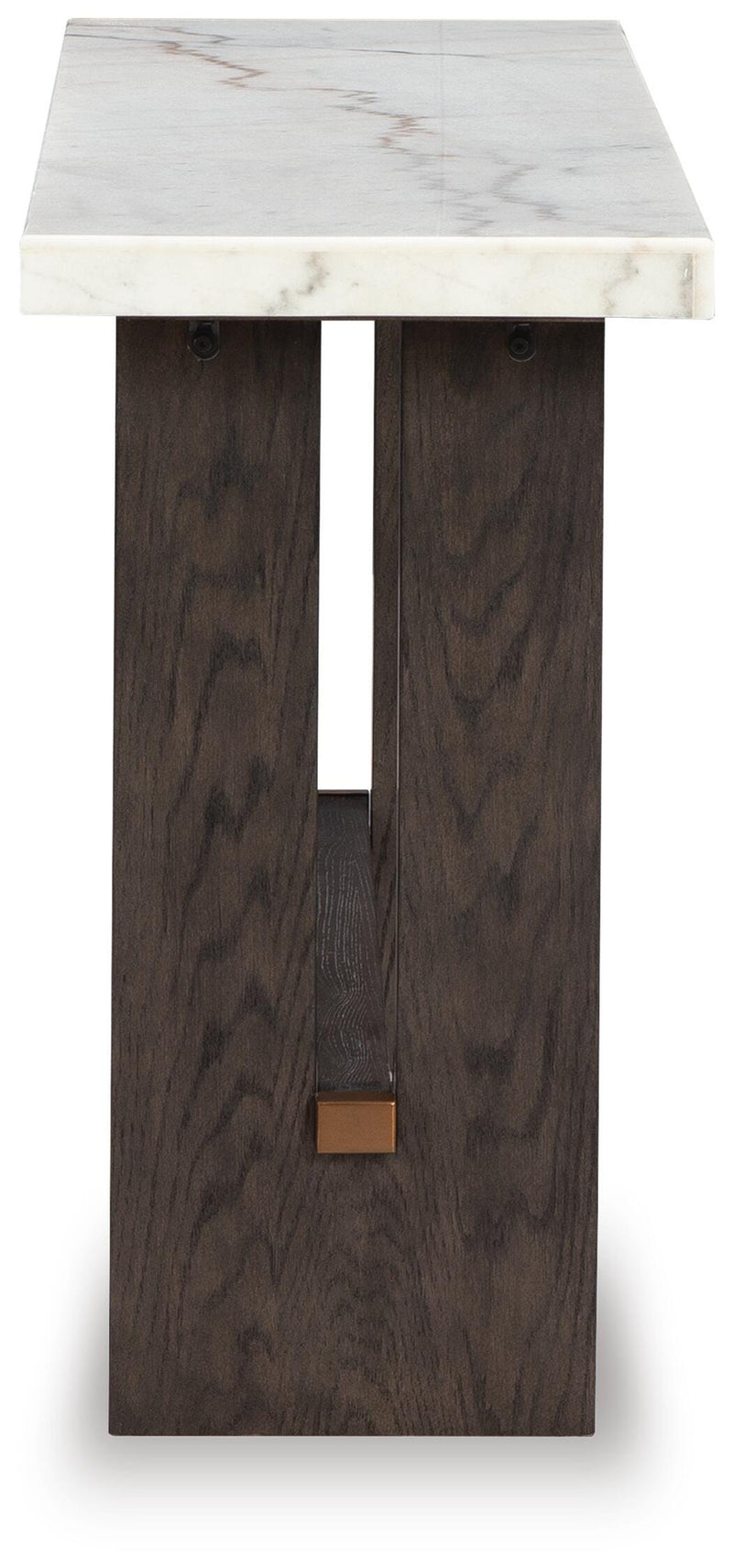 Ashley Furniture Burkhaus sofa table with a sleek wooden surface and modern design, placed next to a sofa in a living room setting.
