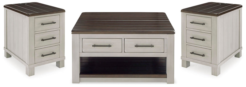 Ashley Furniture Darborn occasional table set with two modern wood tables featuring sleek black metal legs and warm wood finish.