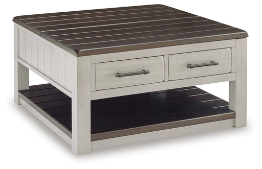 Ashley Furniture Darborn Lift-Top Coffee Table with angled closed lid and storage compartment, shown from a side angle.