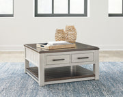 Ashley Furniture Darborn Lift-Top Coffee Table with a sleek lift-top design and storage space in a modern living room setting.