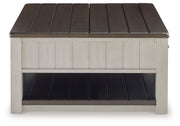 Ashley Furniture Darborn Lift-Top Coffee Table with storage and sleek design, shown from a side angle highlighting the lift mechanism.
