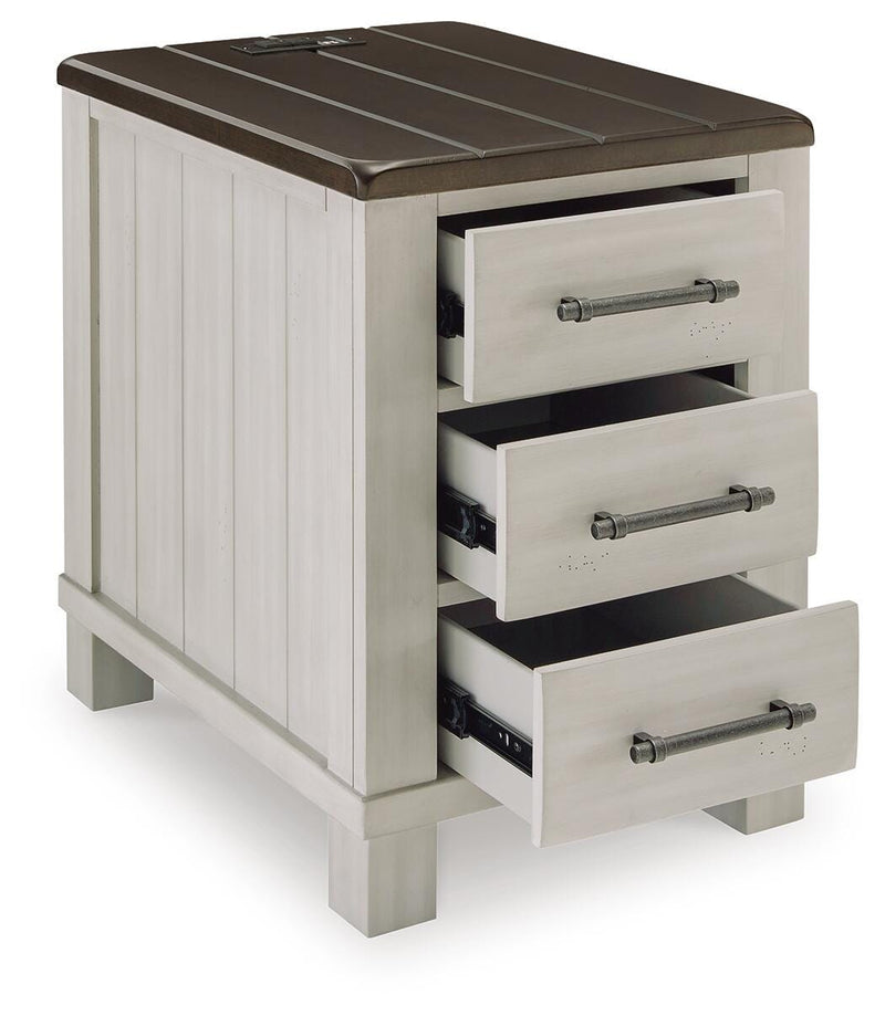 Ashley Furniture Darborn occasional table set with three modern tables featuring wood and metal finishes, shown from an angled view.