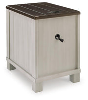 Ashley Furniture Darborn chairside end table with a dark wood finish and storage drawer, shown from the back side.