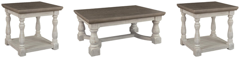 Ashley Furniture Havalance Occasional Table Set with three modern tables featuring sleek wood finishes and metal accents.