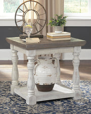 Ashley Furniture Havalance Occasional Table Set featuring three modern tables with wooden tops and metal legs.