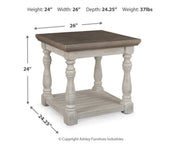Ashley Furniture Havalance end table with a wooden top and tapered legs, shown in a modern living room setting.