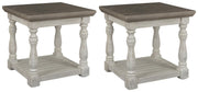 Ashley Furniture Havalance end table set showing two wooden tables with dark finish and modern design details.