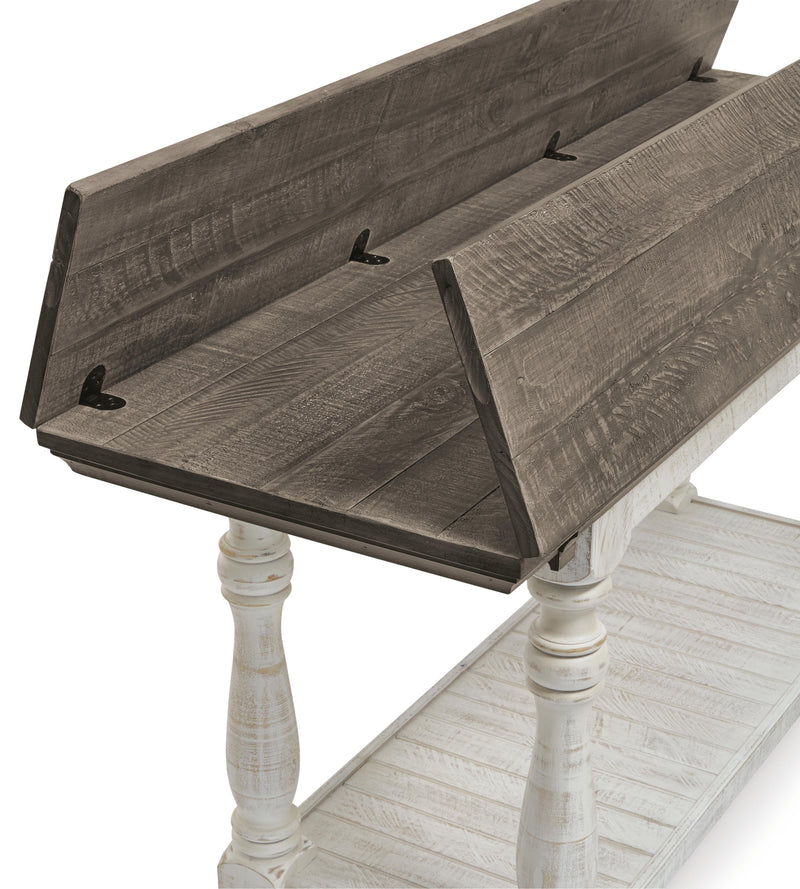 Ashley Furniture Havalance sofa console table with sleek wooden surface and modern design, detailed image showing the tabletop and legs.