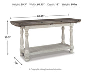 Ashley Furniture Havalance sofa console table with a sleek wooden finish and modern design, ideal for living room decor.