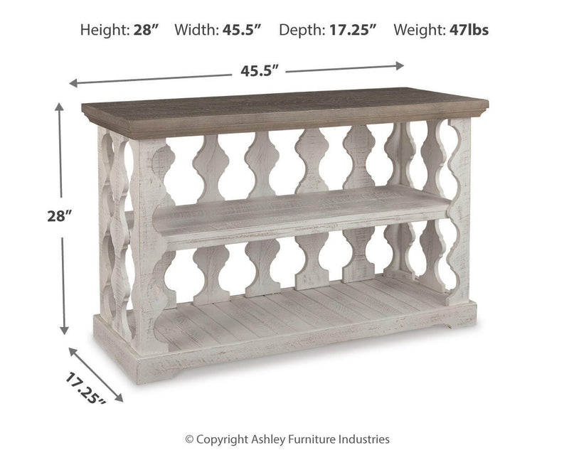 Ashley Furniture Havalance sofa console table with a sleek wooden design and modern finish, ideal for living room decor.