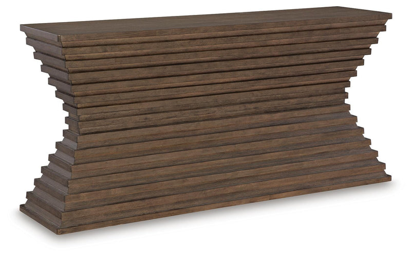 Ashley Furniture Hannodream sofa table with a sleek wooden surface and modern design, shown from an angled perspective.