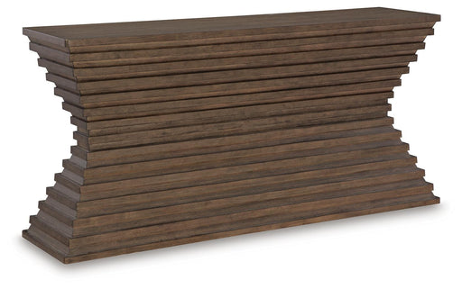 Ashley Furniture Hannodream sofa table with a sleek wooden surface and modern design, shown from an angled perspective.