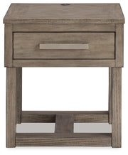 Ashley Furniture Loyaska occasional table set featuring three modern tables with wood finishes and sleek designs.