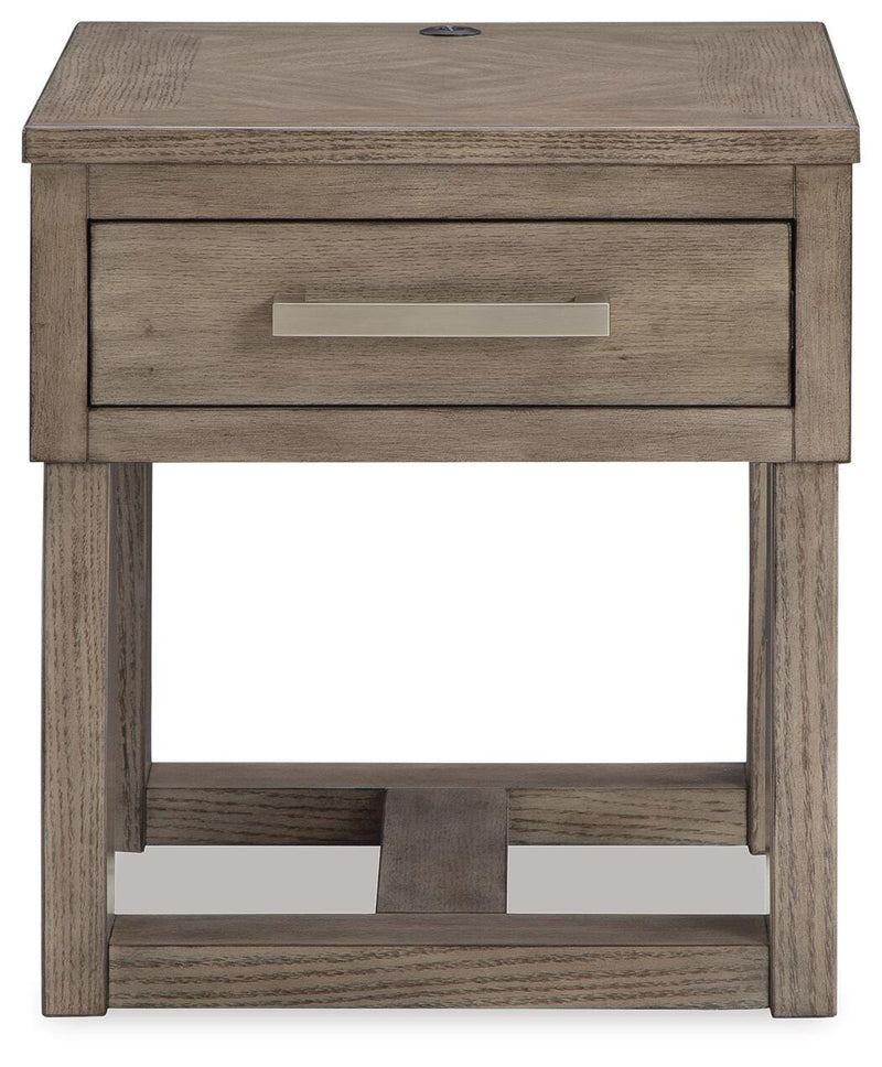 Ashley Furniture Loyaska occasional table set featuring three modern tables with wood finishes and sleek designs.