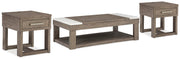 Ashley Furniture Loyaska Occasional Table Set featuring three modern tables with wooden and metal finishes.